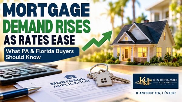 Mortgage demand rises as rates ease—house, keys and mortgage paperwork, with official Ken Hoffmaster REALTOR mountain and palm logo